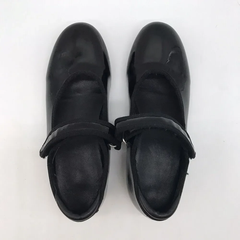 Danskin Freestyle Tap Dance Shoes Girls 13 Black Patent Leather Hook Loop Strap